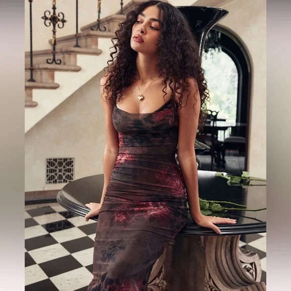 House of CB Red and Brown Floral Maxi Dress